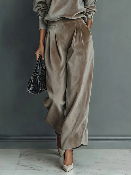 Elegant High-neck Velvet Pleated Wide-leg Pants Two-piece Set