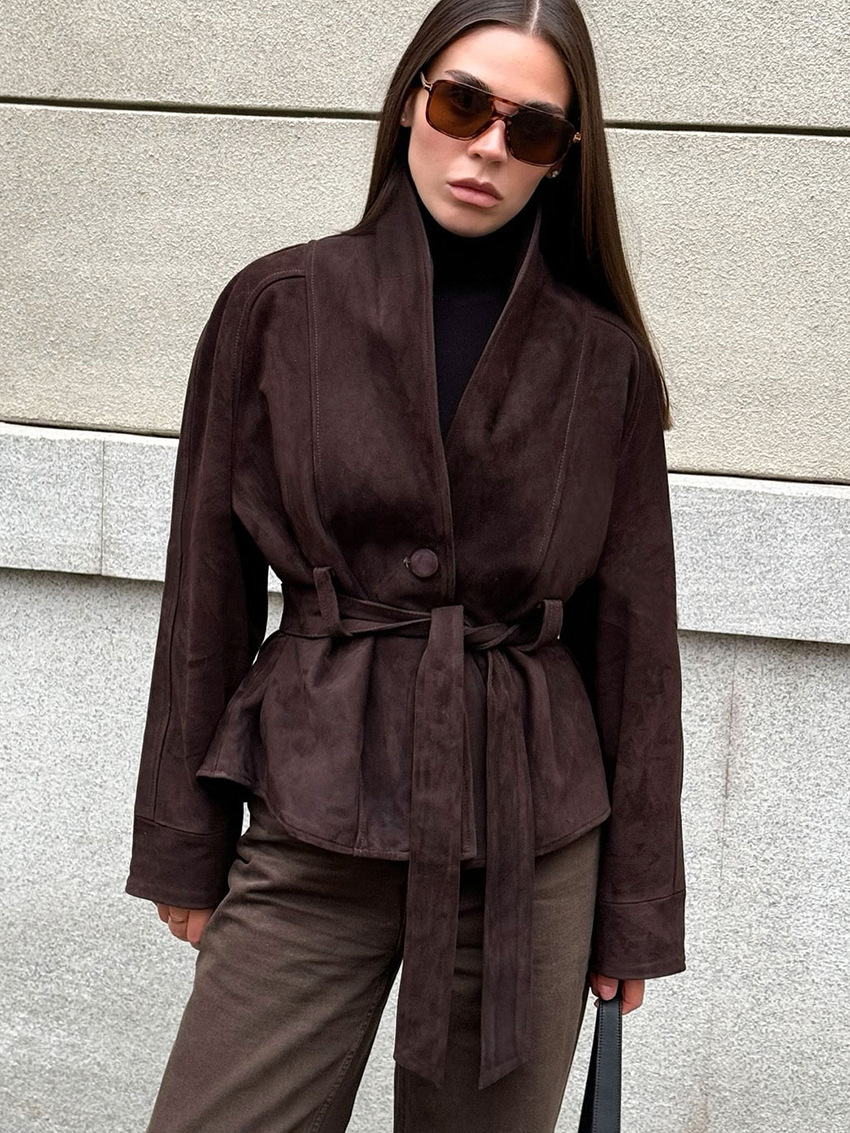 Women's Autumn/Winter Vintage-Style Faux Suede Jacket with Belt – Long-Sleeved, Brushed Finish