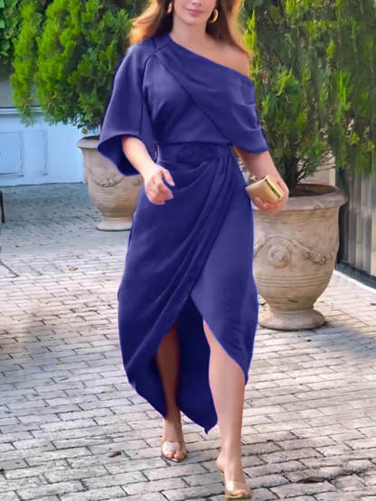 Exquisite Satin Irregular Lapel Neckline Design Ruched Maxi Dress