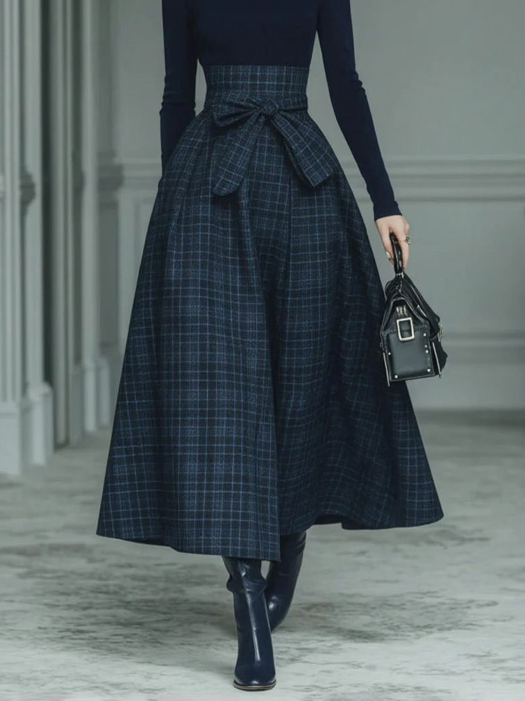 Exquisite High-neck Stretch Top And Plaid Skirt Two-piece Set