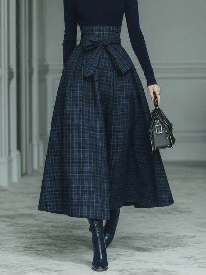 Exquisite High-neck Stretch Top And Plaid Skirt Two-piece Set