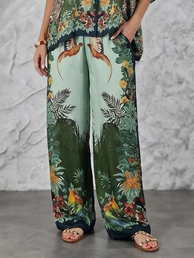 Exotic Jungle Print Batwing Sleeve Shirt & Wide Leg Pants Set