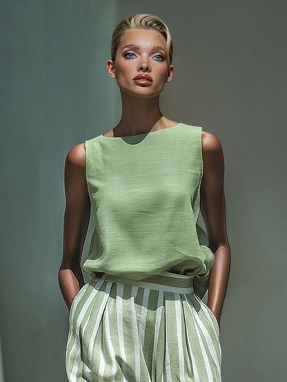 Casual Striped Two-Piece Set With Wide-Leg Pants