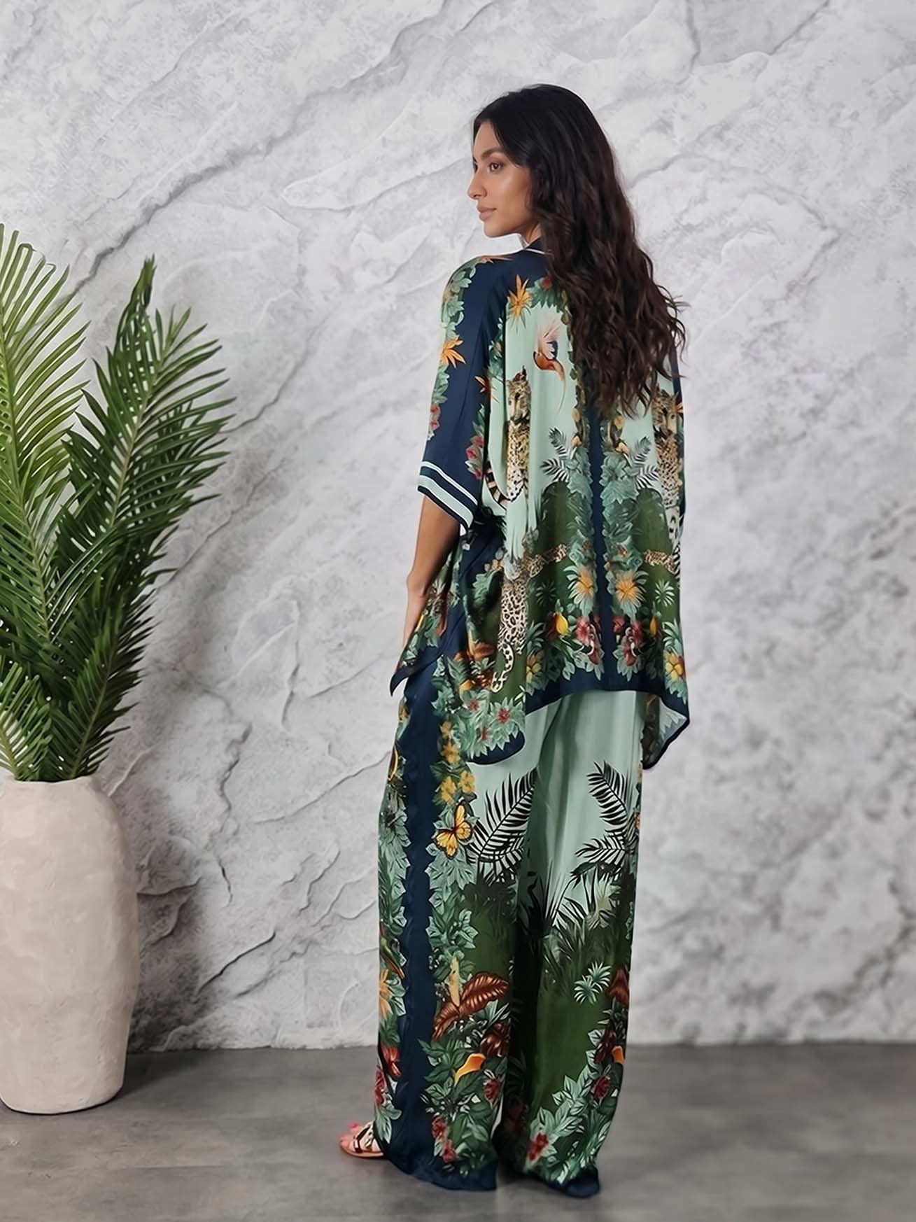 Exotic Jungle Print Batwing Sleeve Shirt & Wide Leg Pants Set