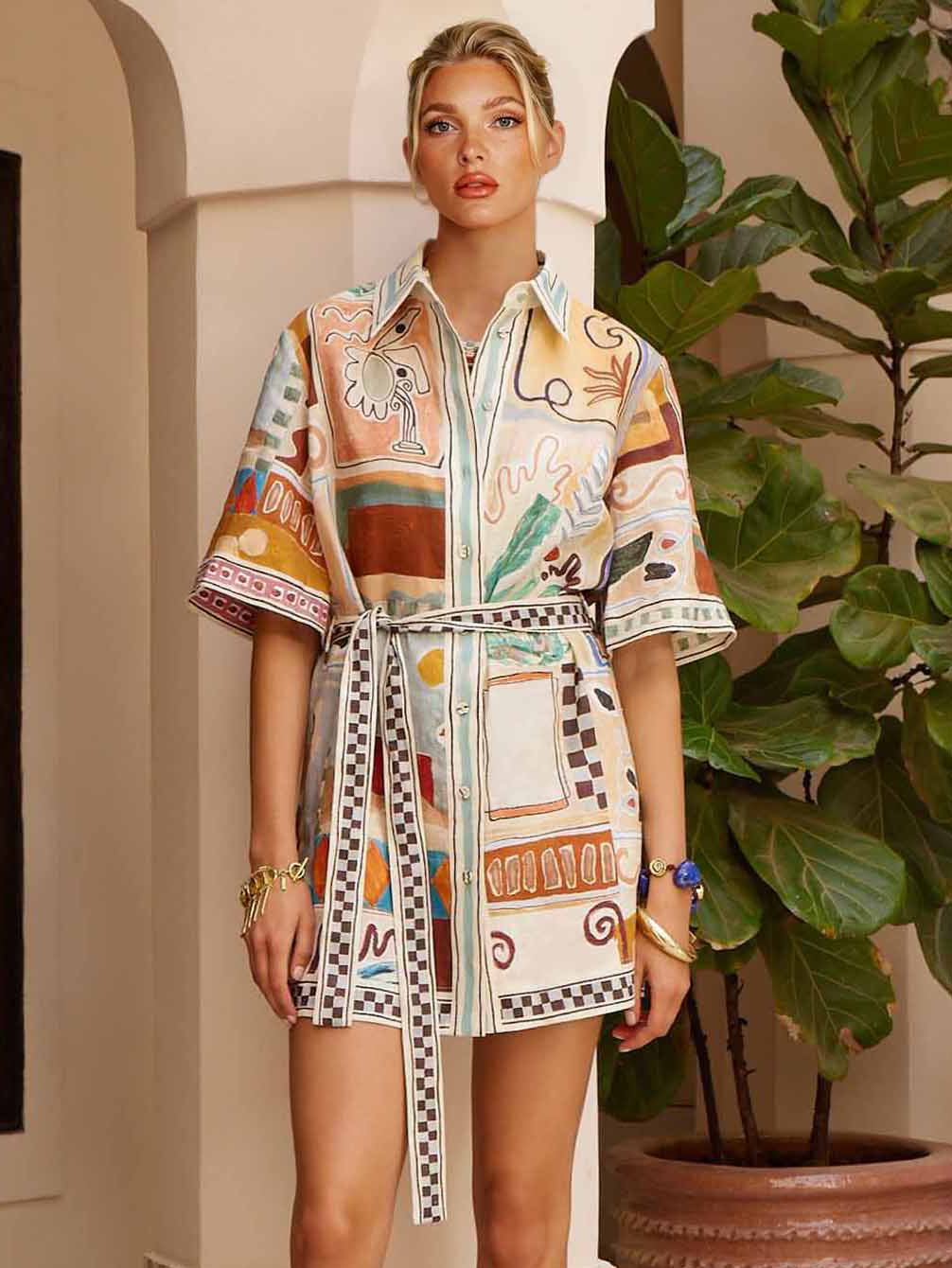 Unique Abstract Art Print Belted Shirt Dress