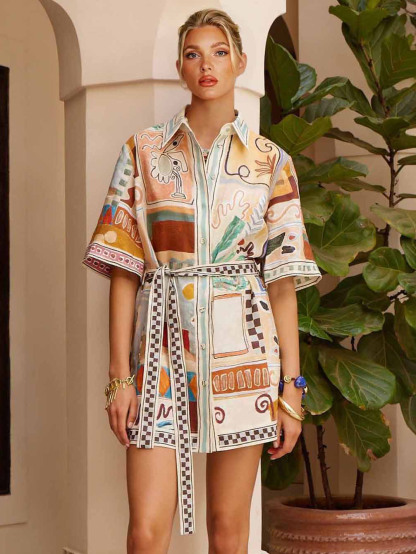 Unique Abstract Art Print Belted Shirt Dress