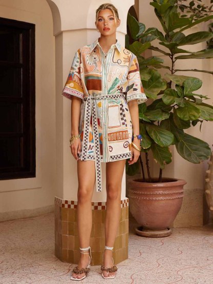 Unique Abstract Art Print Belted Shirt Dress