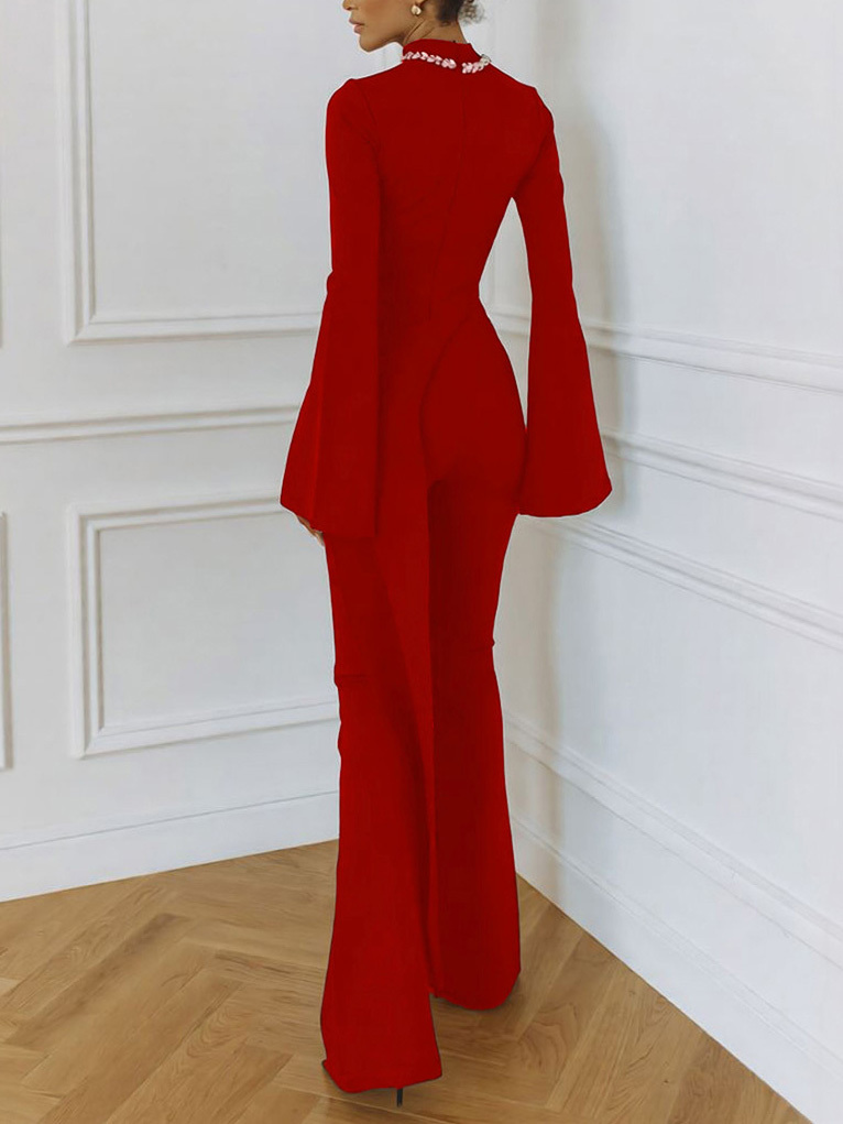 Elegant Rhinestone Color-blocked Irregular Two-piece Set