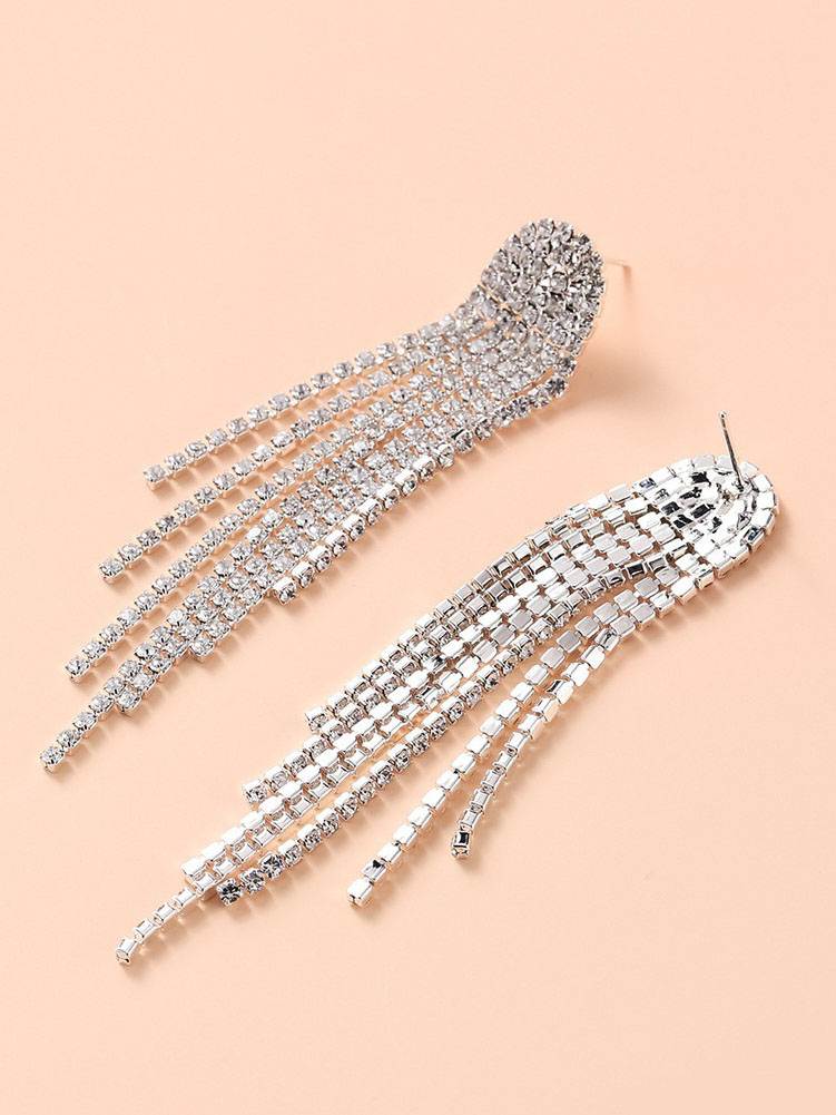 Geometric Diamond Rhinestone Long Tassel Earrings