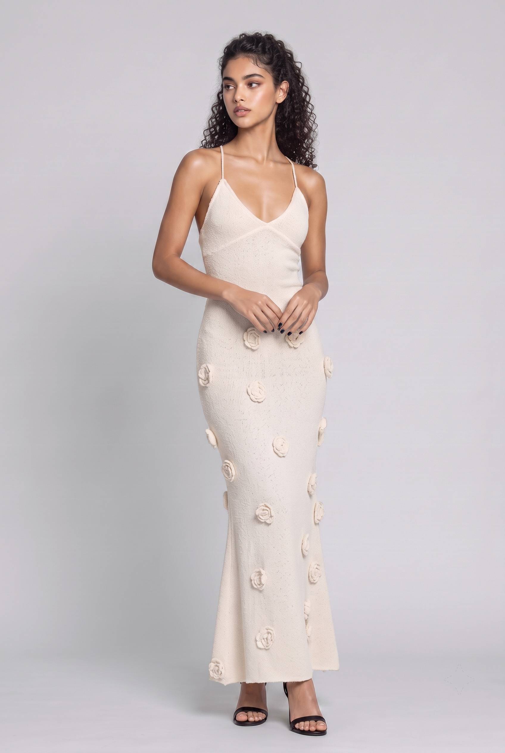 Knit Flower Strap Maxi Dress