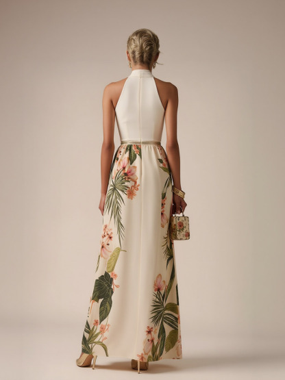 Halter Neck Floral Satin Print Maxi Dress