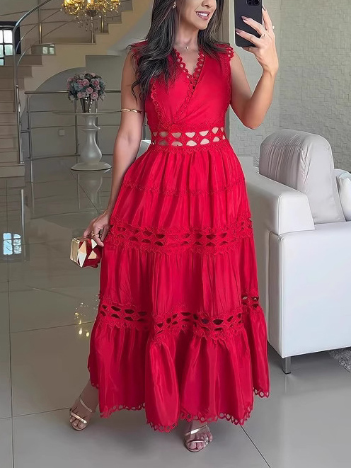 Vintage Sleeveless Lace Embroidered Hollow Maxi Dress