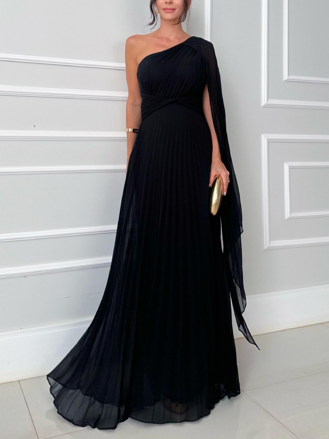 Elegant Flowing Pleated Off-the-Shoulder Maxi Dress