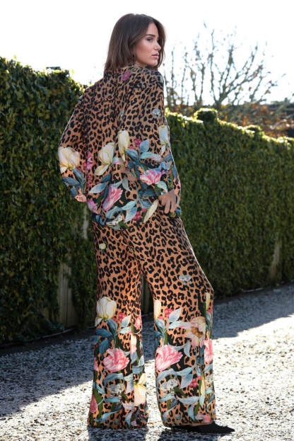 Unique Leopard & Floral Print Loose Button-Up Shirt