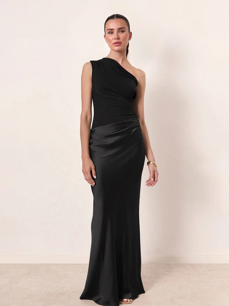 Elegant One Shoulder Neck Pleated Party Maxi Dress