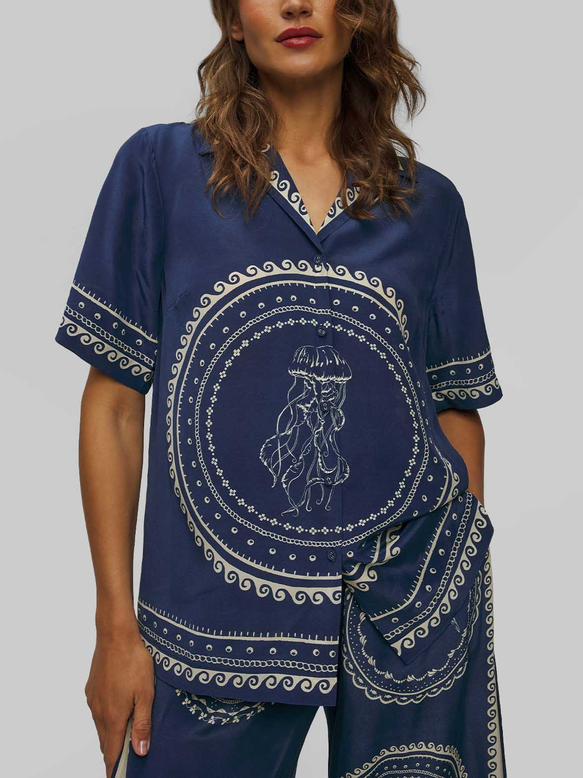 Exquisite Luxury Blue Ocean Loose Short-sleeved Shirt