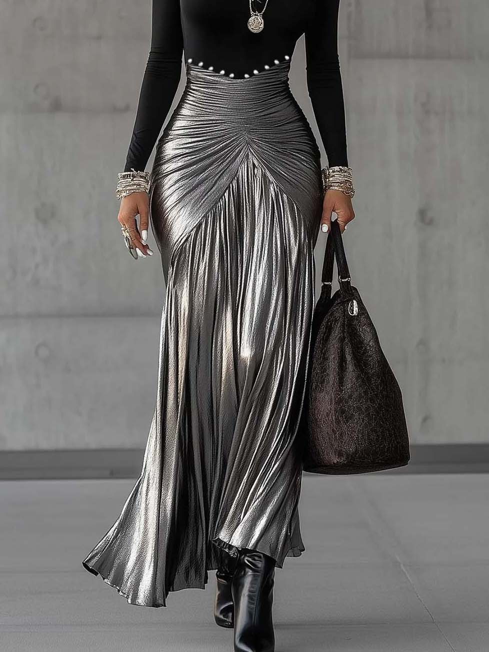 Elegant Round Neck Metallic Silver Pleated Maxi Dress