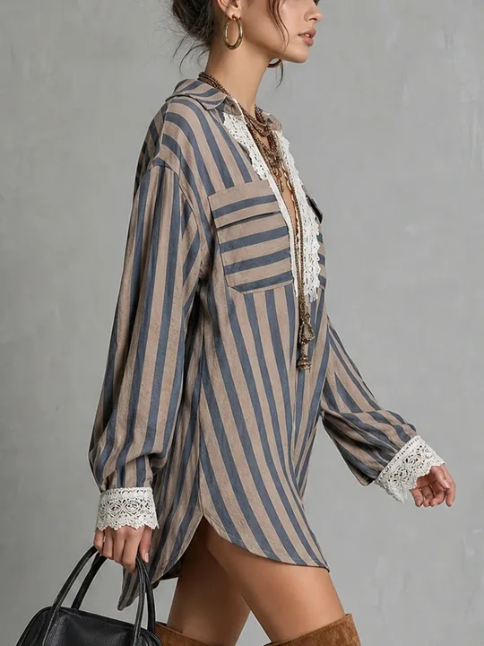 Boho Stripe Lace Trim Shirt Dress, Oversized Long Sleeve Mini Dress for Women