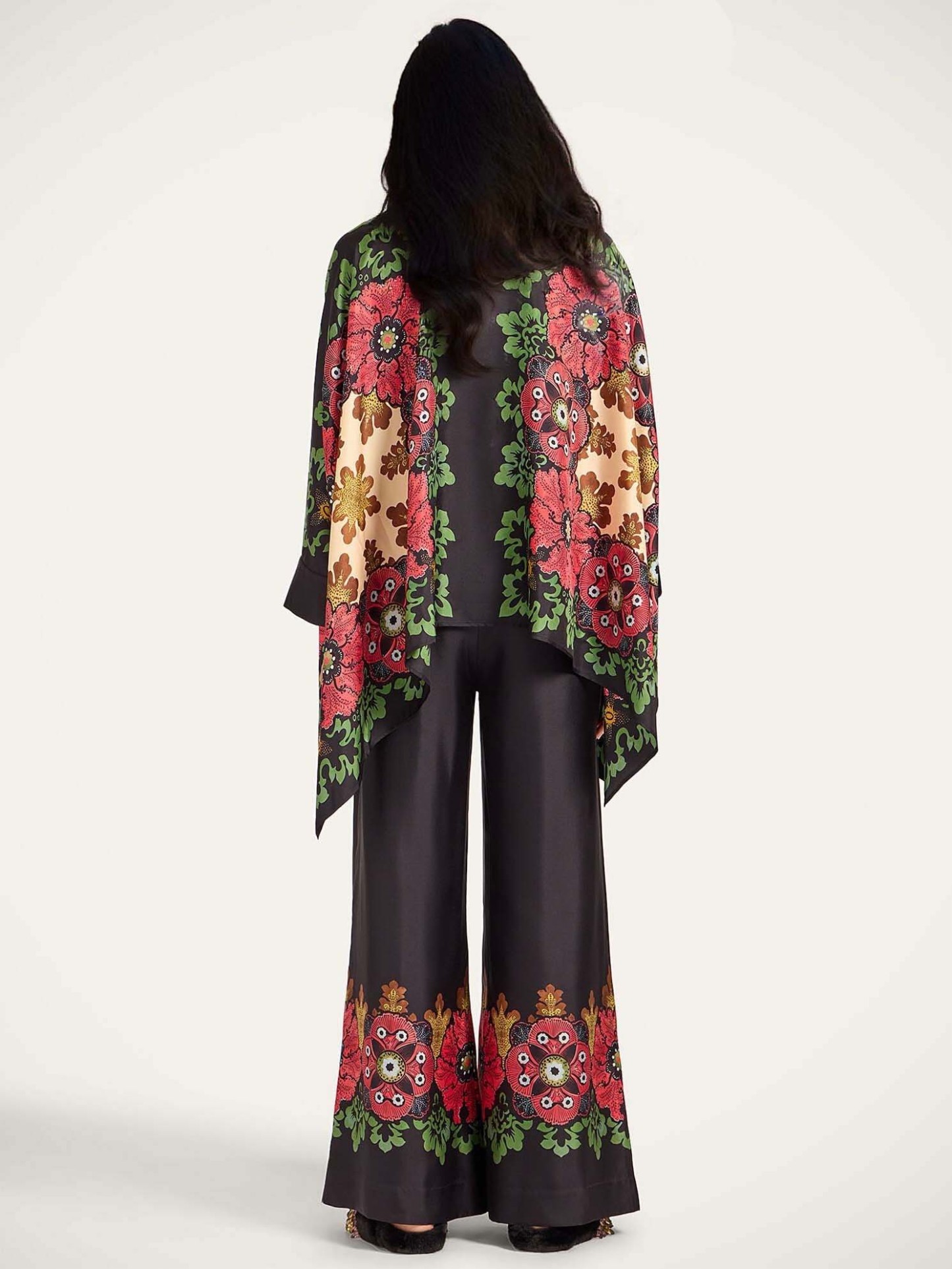 Exquisite Satin Floral Border Wide-Leg Pants