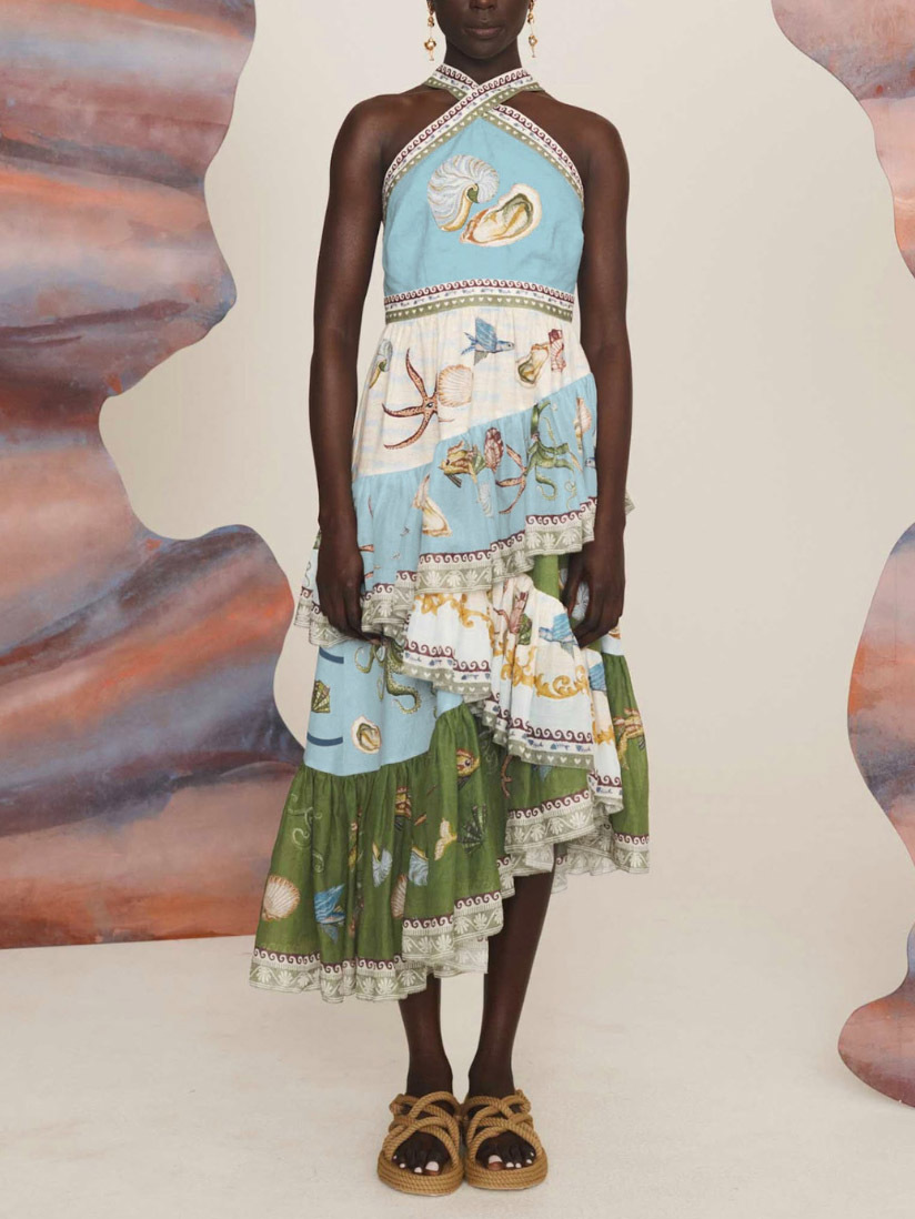 Unique Deep Sea Floral Print Tiered Irregular Midi Dress