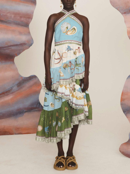 Unique Deep Sea Floral Print Tiered Irregular Midi Dress