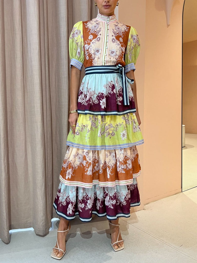 Retro Paisley Print Ruffled Midi Dress