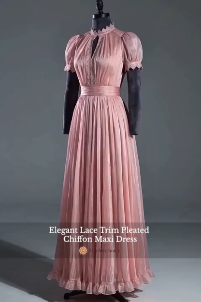 Elegant Lace Trim Pleated Chiffon Maxi Dress