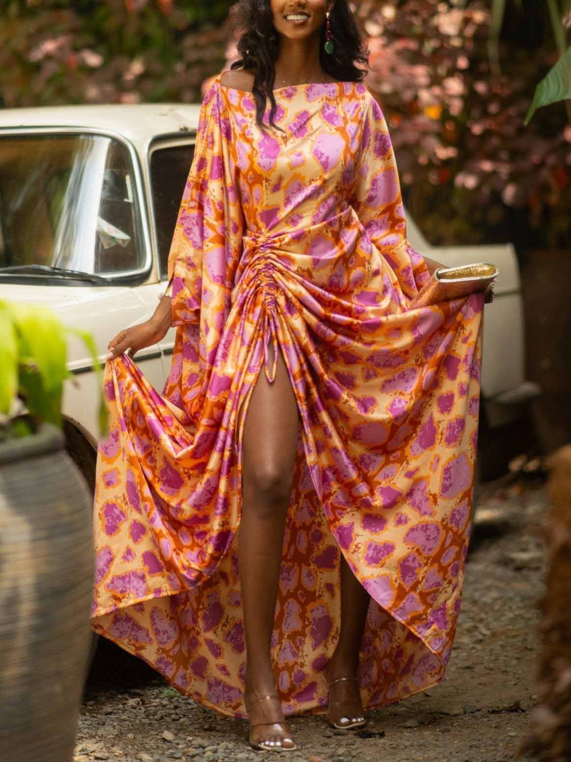 Vibrant Abstract Print Ruched High-Slit Maxi Dress