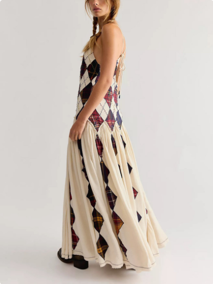 Rhomboid Patchwork Waist Long Dress