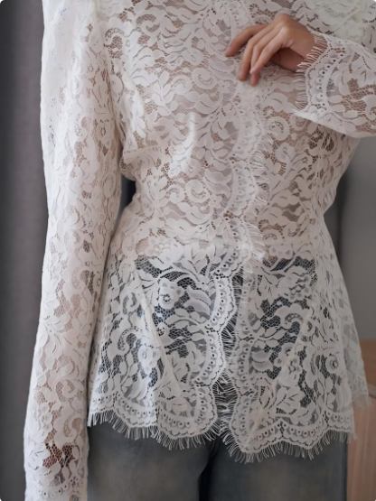Shoulder Pad Structure Floral Lace Lotus Leaf Waist Blouse