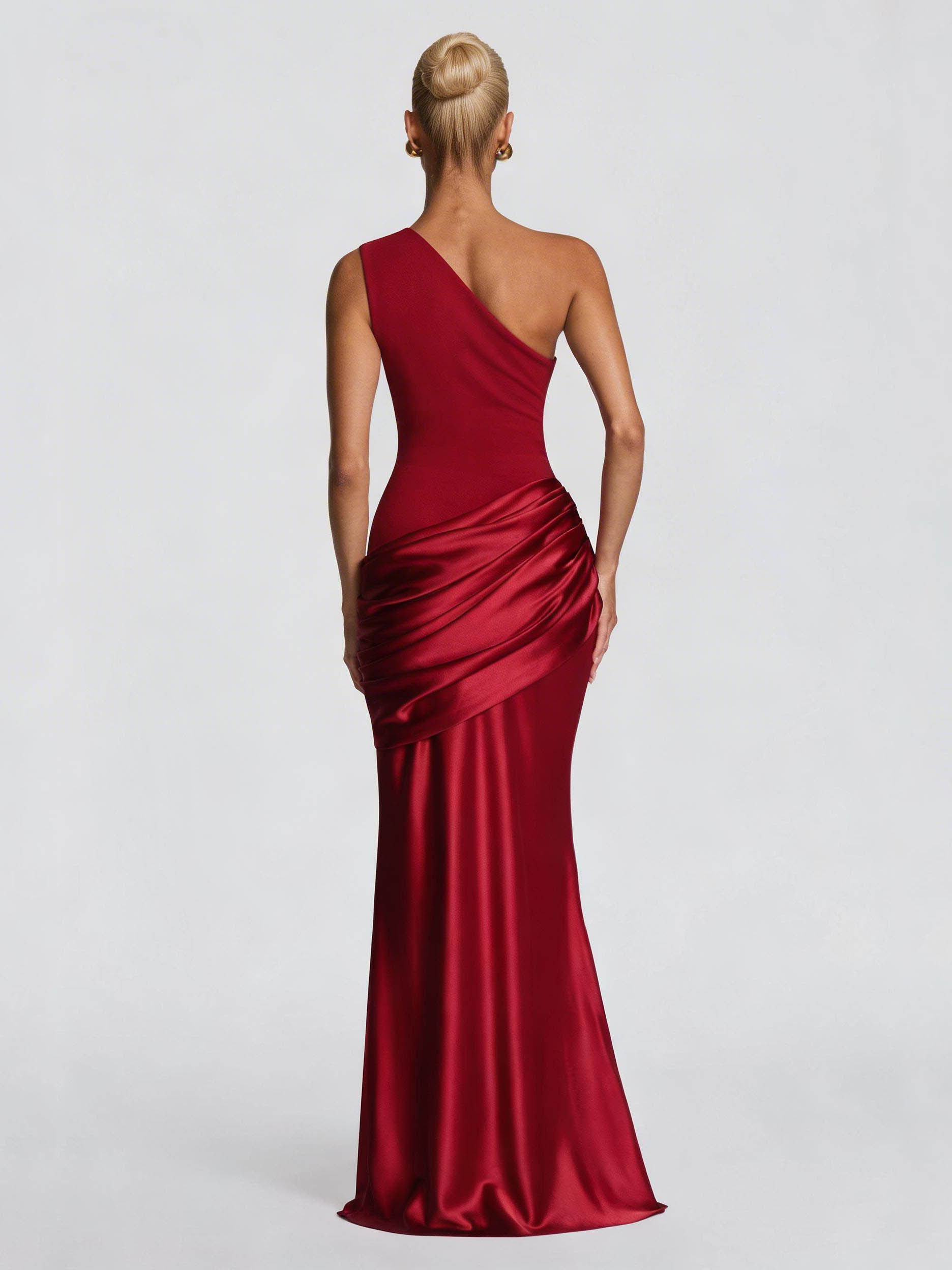 Elegant One-Shoulder Ruched Satin Maxi Dress