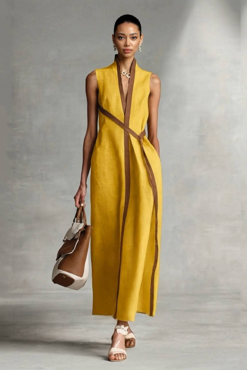 Stand Collar Lace-up Maxi Dress