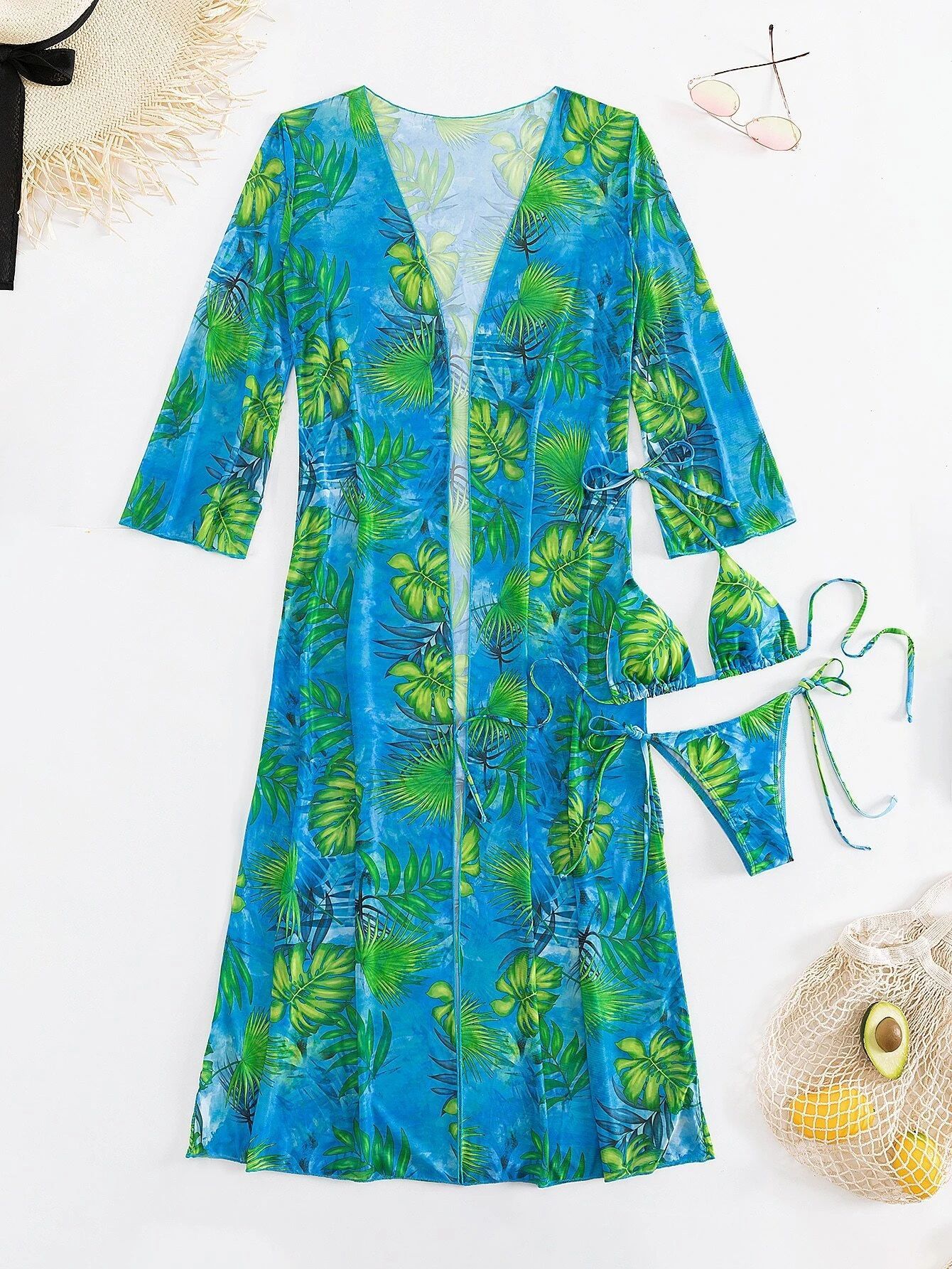 Exquisite Plant Mesh Print Bikini Three-piece Swimsuit