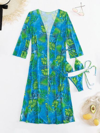 Exquisite Plant Mesh Print Bikini Three-piece Swimsuit