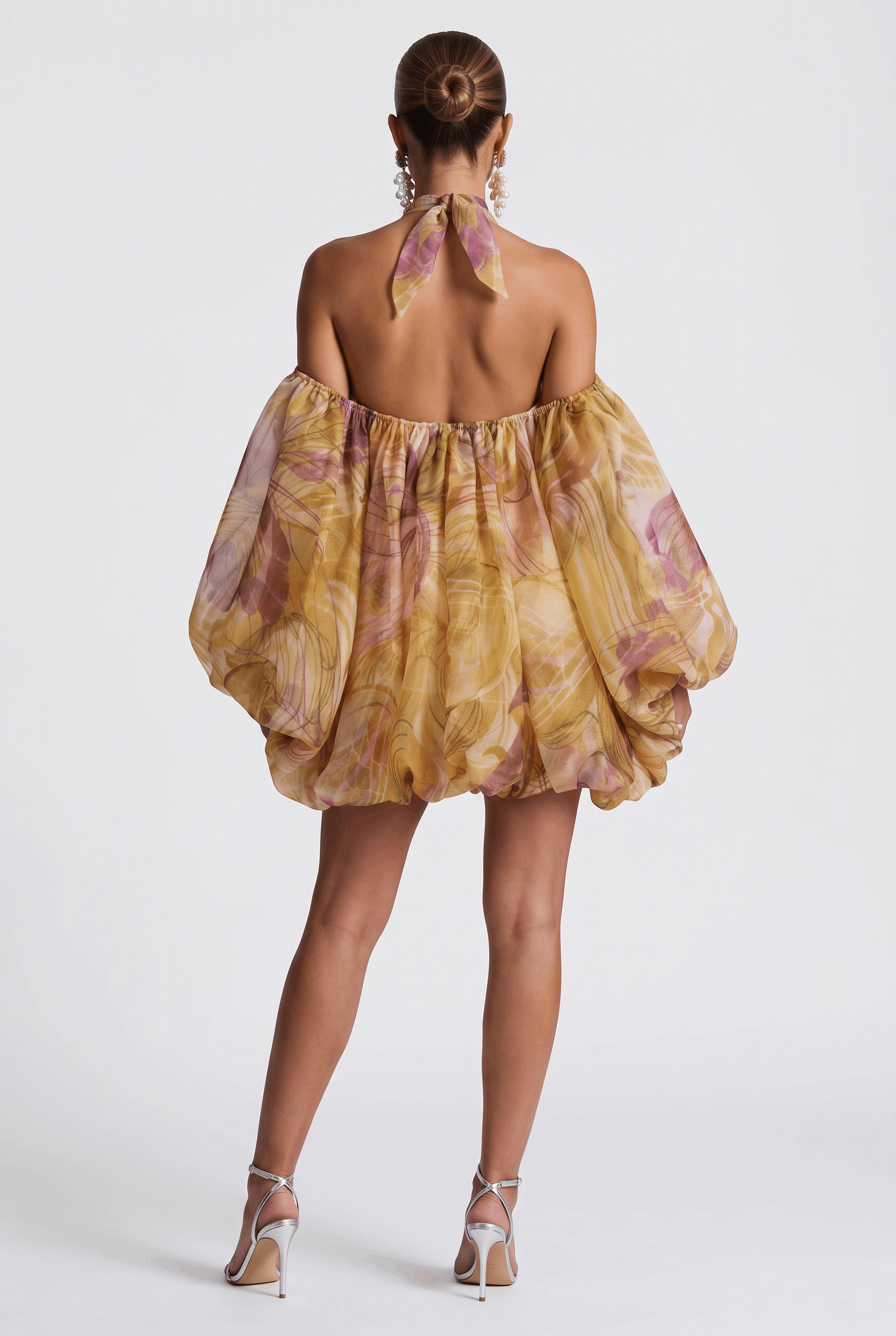 Watercolor Print Hanging Neck Off-shoulder Flower Bud Skirt See-through Bubble Long-sleeved Chiffon Holiday Dress