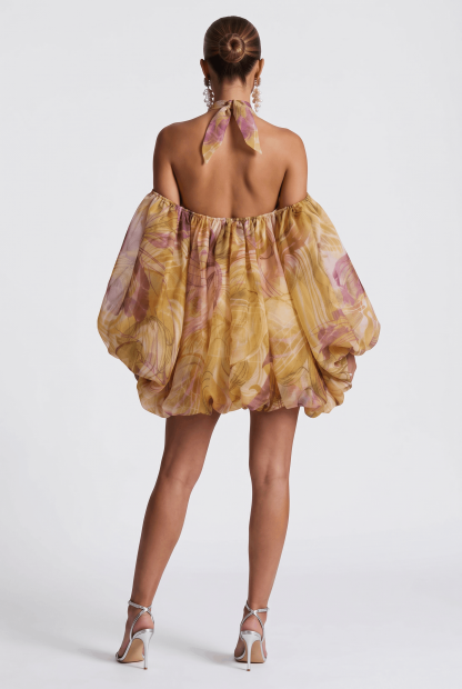 Watercolor Print Hanging Neck Off-shoulder Flower Bud Skirt See-through Bubble Long-sleeved Chiffon Holiday Dress