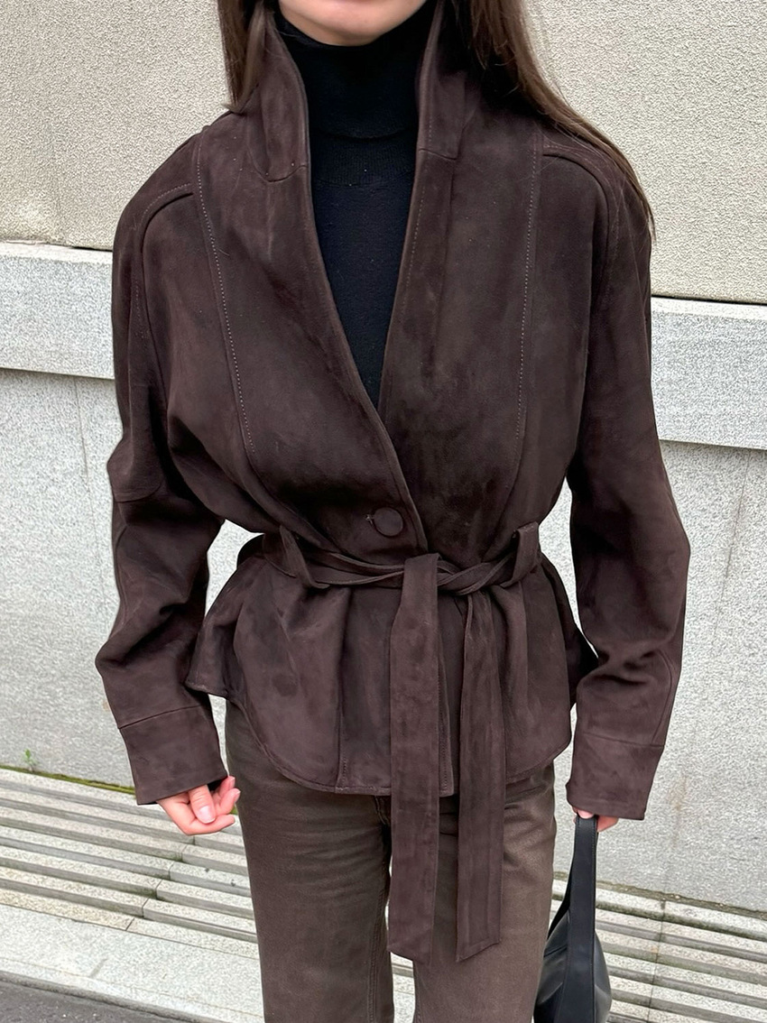Women's Autumn/Winter Vintage-Style Faux Suede Jacket with Belt – Long-Sleeved, Brushed Finish