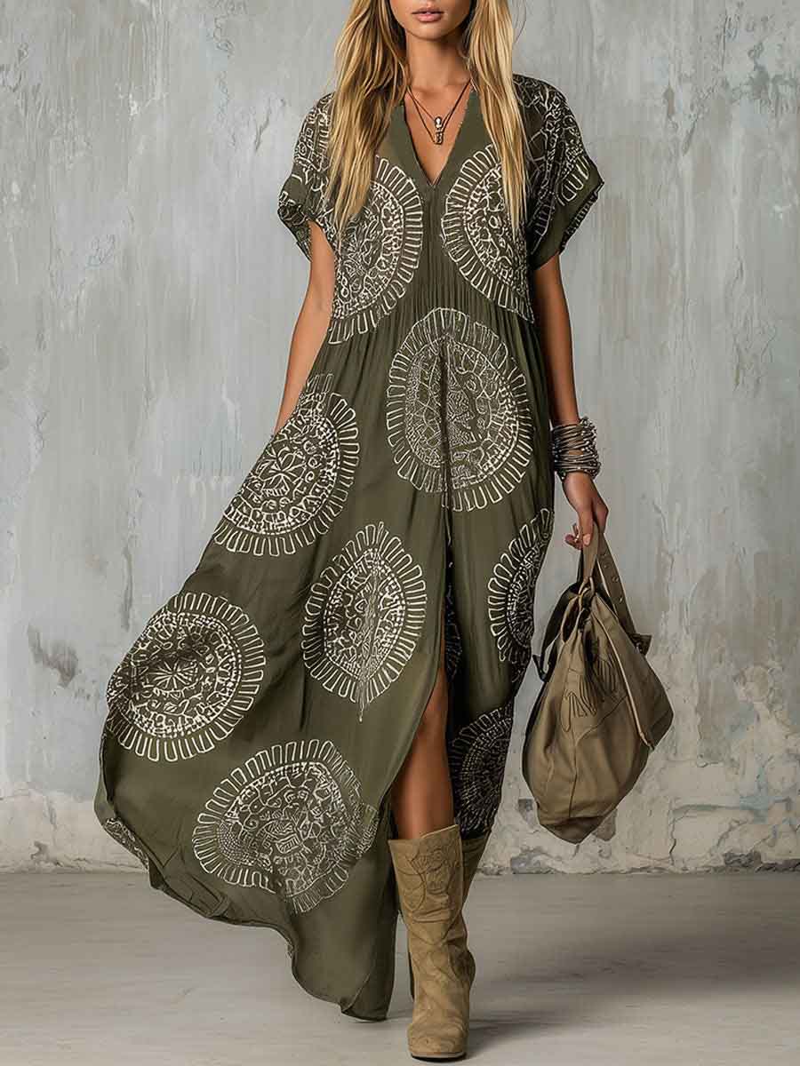 Casual Tribal Dot Print V-Neck Maxi Dress