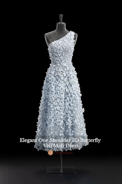 Elegant One Shoulder 3D Butterfly Veil Midi Dress