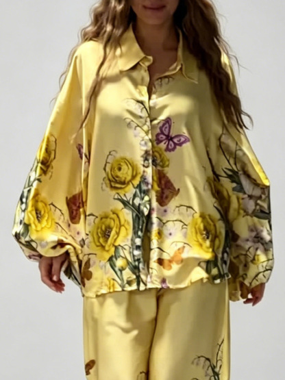 Exquisite Floral Butterfly Print Satin Wide-Leg Pants