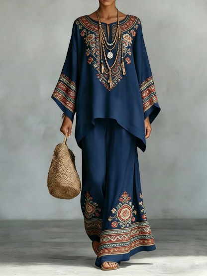 Retro Ethnic Floral Print Batwing Sleeve Shirt & Pants Two-Piece Set