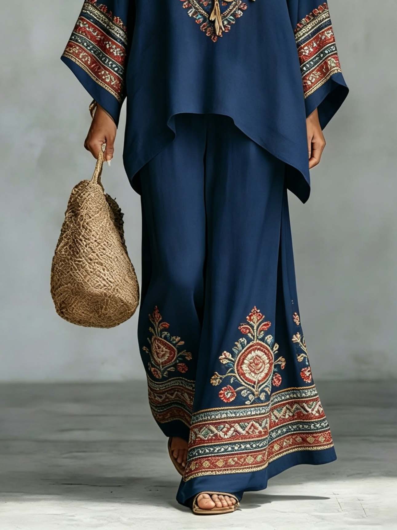 Retro Ethnic Floral Print Batwing Sleeve Shirt & Pants Two-Piece Set