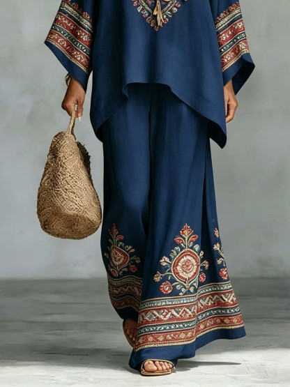 Retro Ethnic Floral Print Batwing Sleeve Shirt & Pants Two-Piece Set