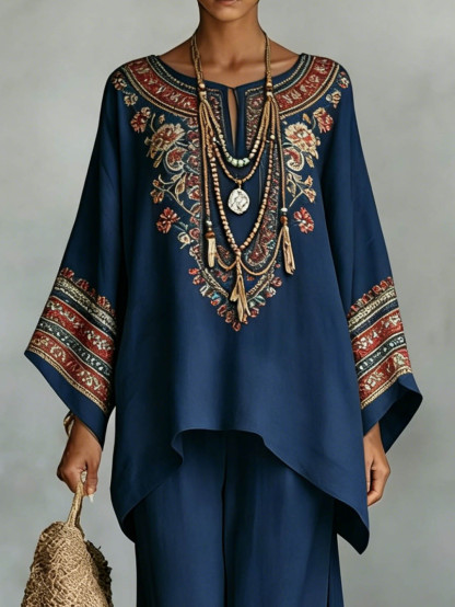 Retro Ethnic Floral Print Batwing Sleeve Shirt & Pants Two-Piece Set