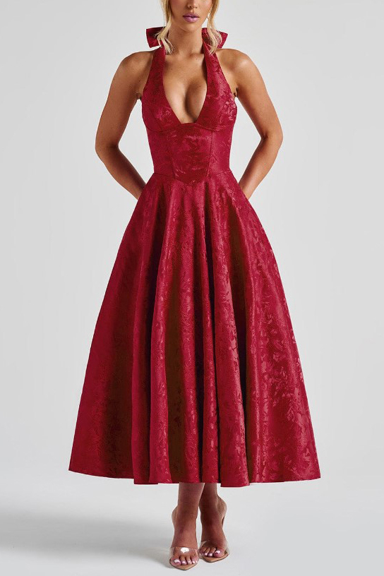 Vintage Elegant Jacquard V-Neck Halter Midi Dress