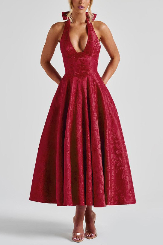 Vintage Elegant Jacquard V-Neck Halter Midi Dress