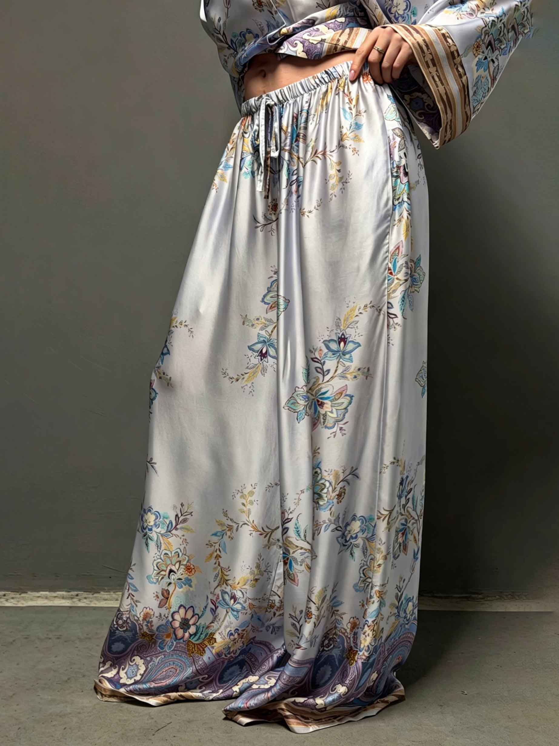 Exquisite Floral Paisley Print Satin Button Shirt & Wide Leg Pants Set