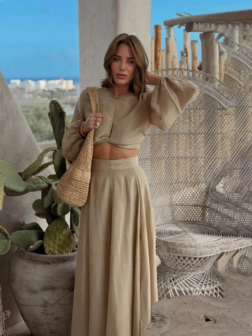 Bohemian Lantern Sleeve Tie-Front Top And High-Waisted Skirt Set