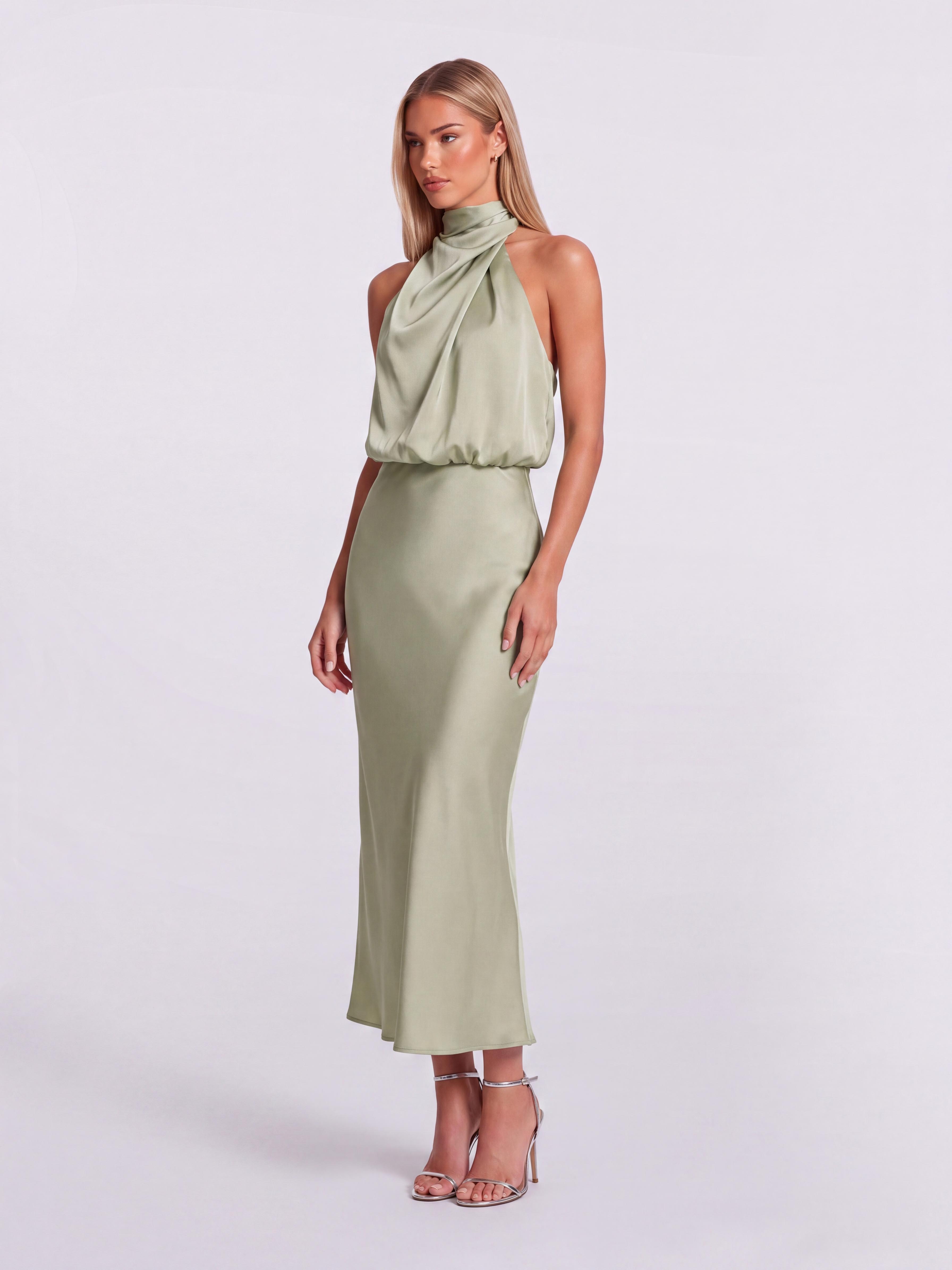 Slim-Fit Fishtail Mid-Length Neck Satin Dress