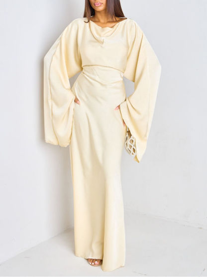 Elegant Ruched Satin Lantern-Sleeve Maxi Dress